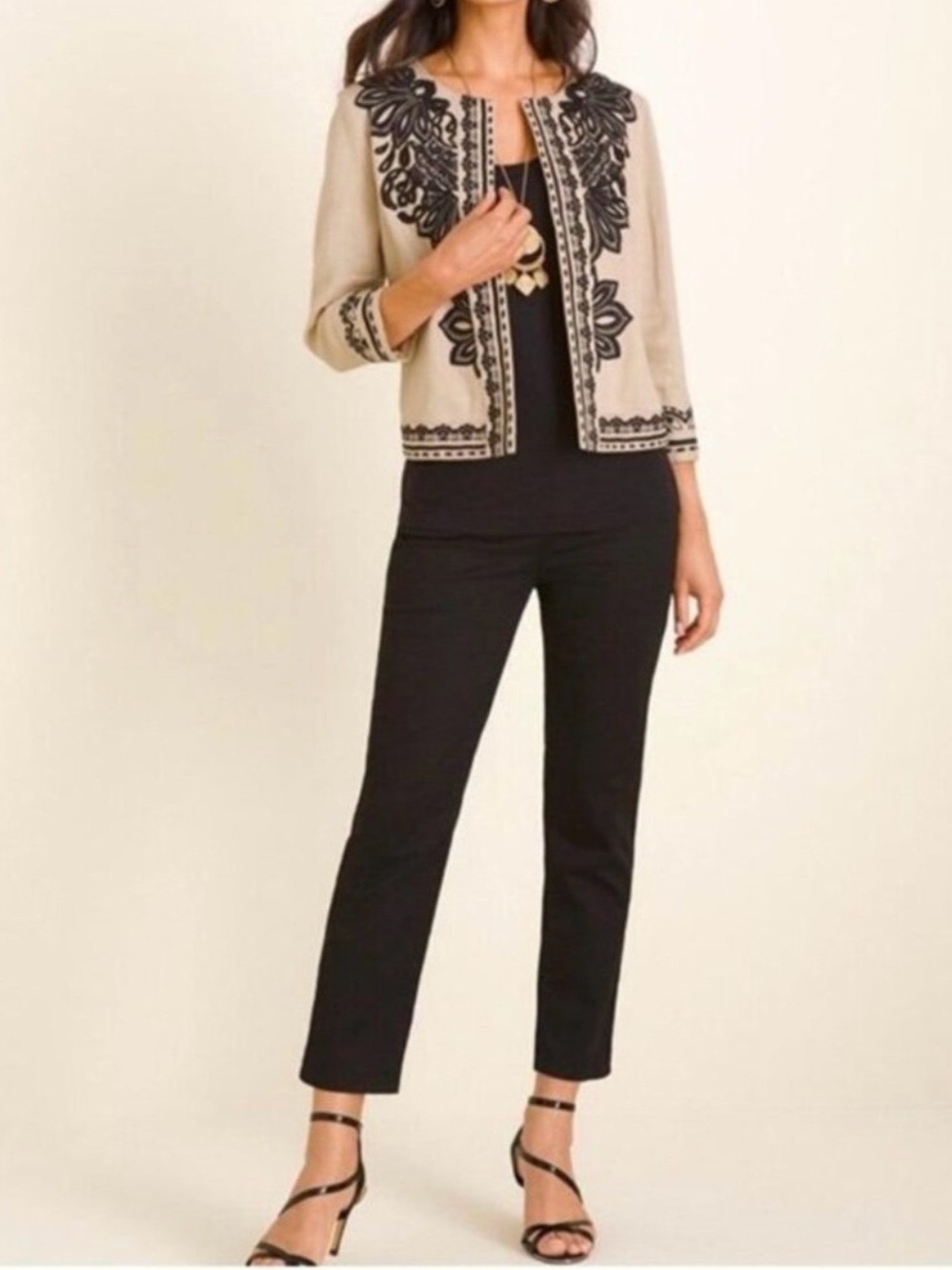 Chico's Jacket 100% Linen Tan Open Jacket with Black Embroidery Chicos Size 3 - Picture 3 of 15